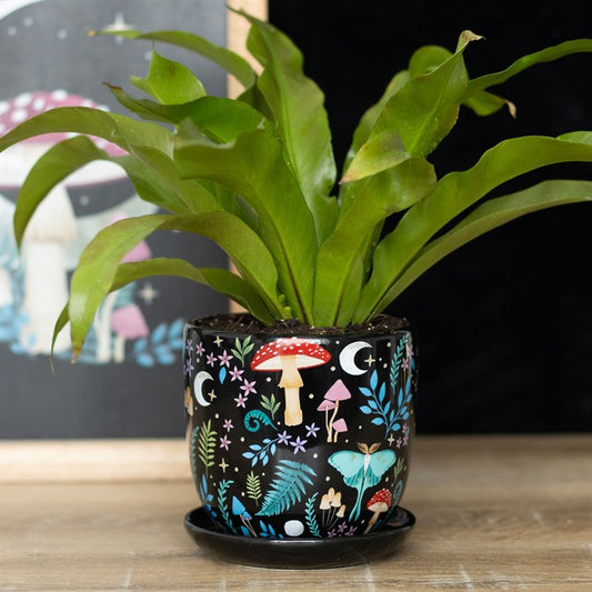 Dark Forest Print Ceramic Plant Pot With Saucer