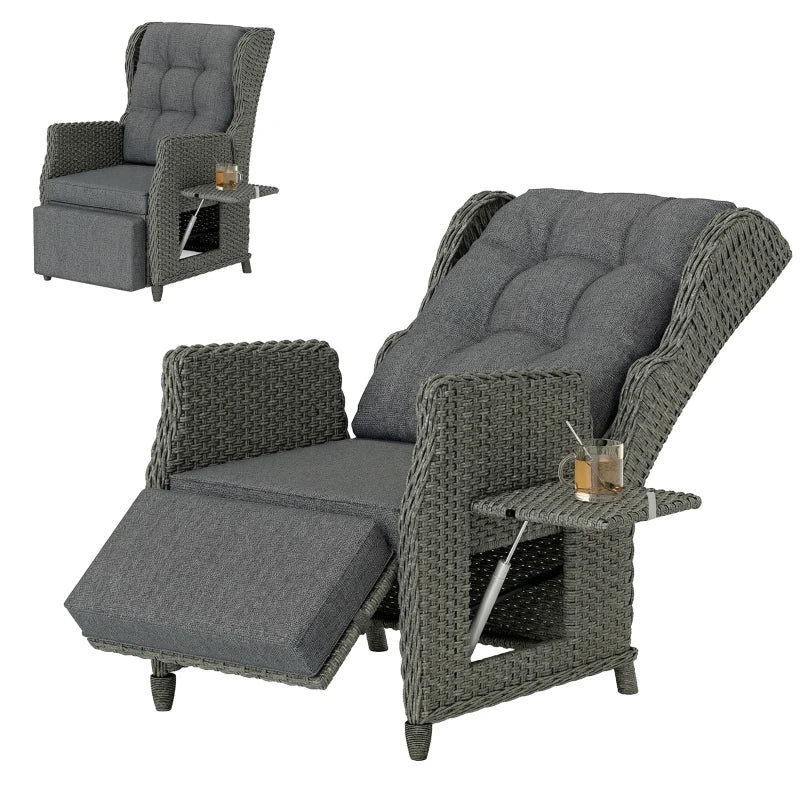 Rattan Garden Recliner Chair, Reclining Garden Chair with Adjustable Back and Footrest, Flip Table, Cushion