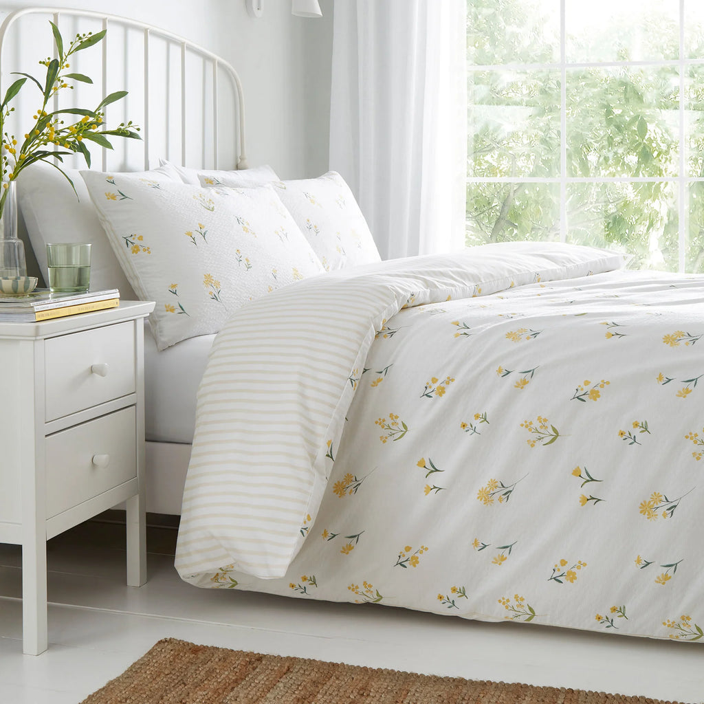Duvet Cover Set Ditsy Floral Seersucker by Dreams & Drapes Design in Yellow