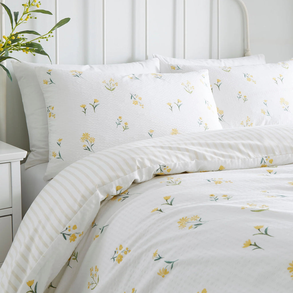 Duvet Cover Set Ditsy Floral Seersucker by Dreams & Drapes Design in Yellow