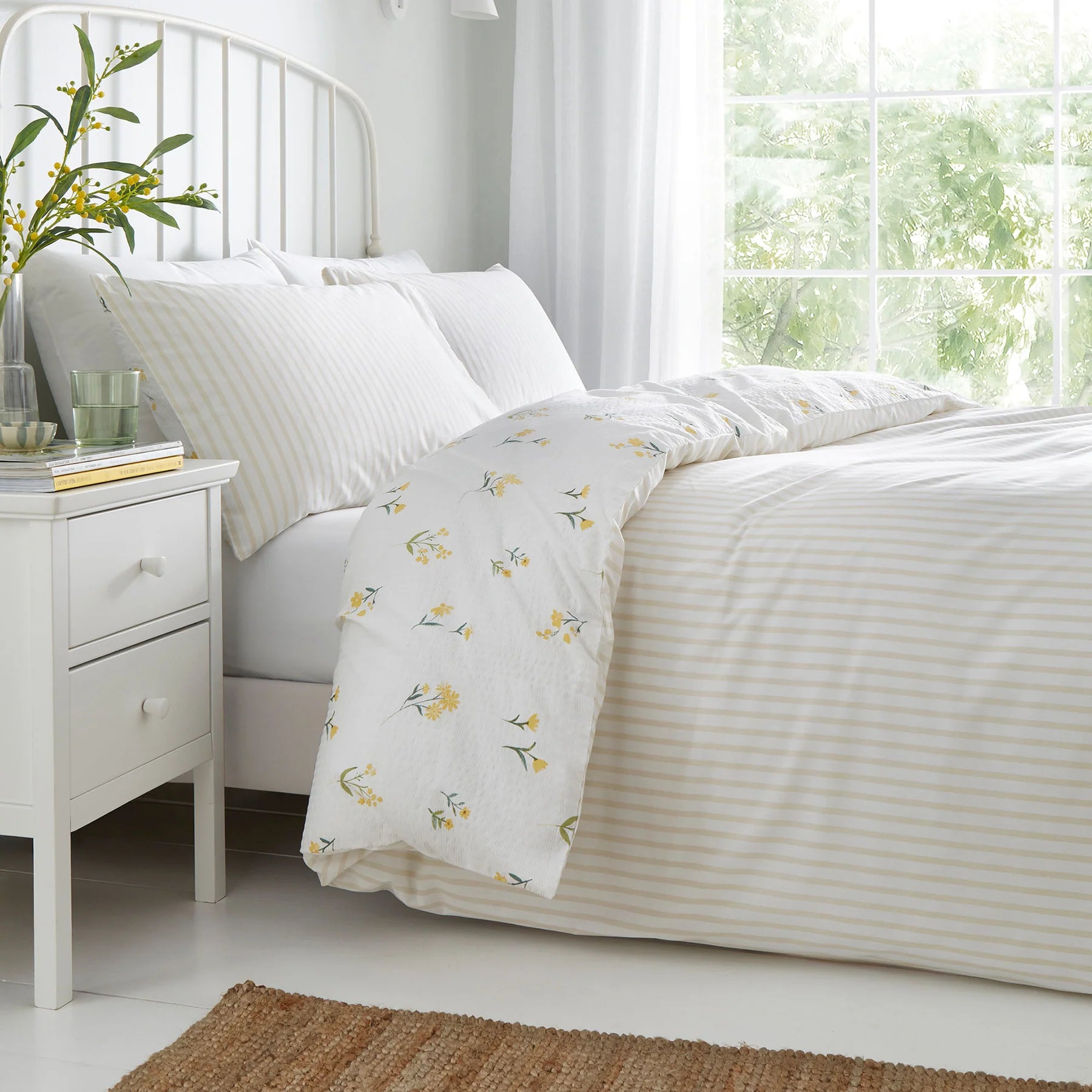 Duvet Cover Set Ditsy Floral Seersucker by Dreams & Drapes Design in Yellow