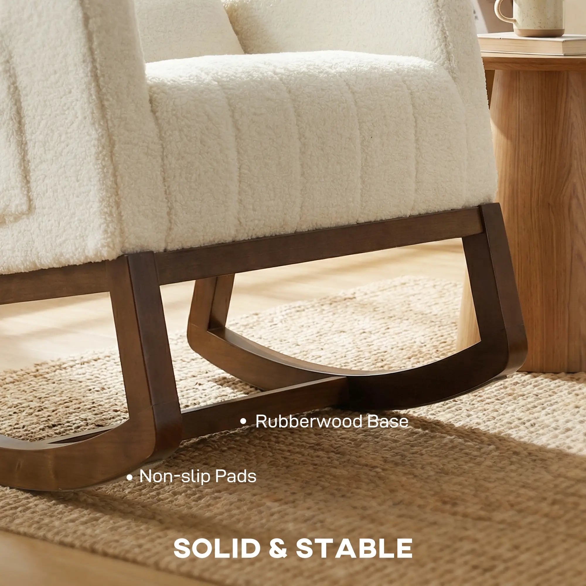 Rocking Chair for Adults, Lounge Rocker Chair with Lumbar Pillow, High Back, Wood Base, Side Pockets, Cream White