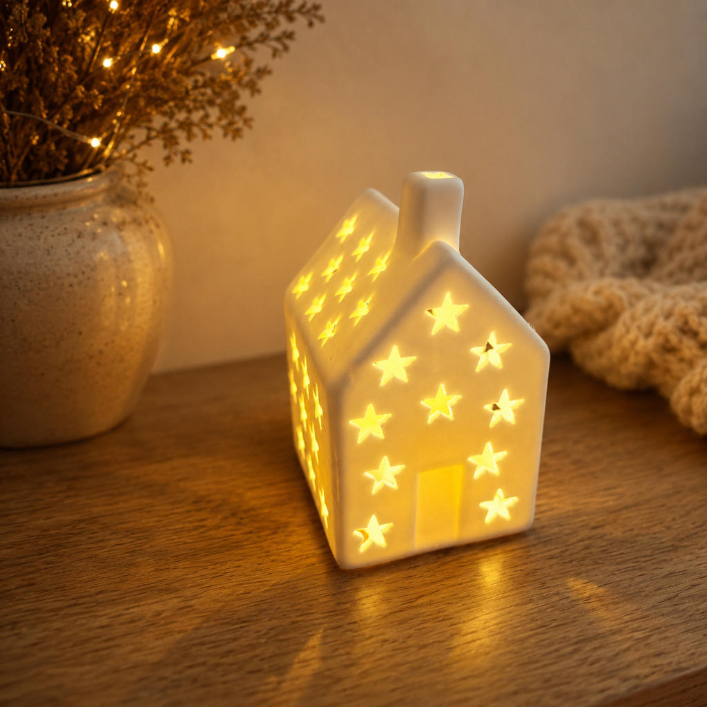 White Ceramic LED House – Scandi Christmas Light Up Decoration