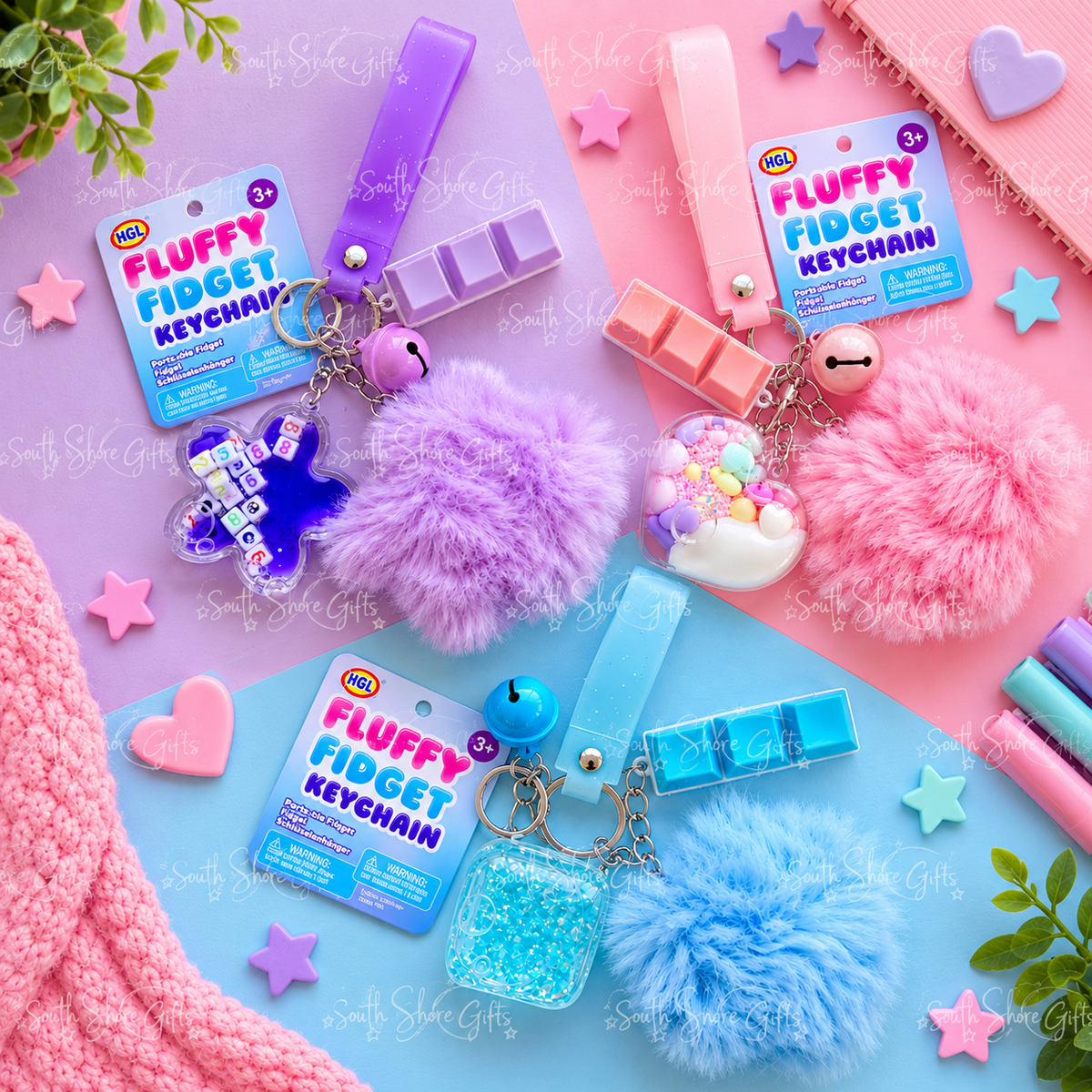Fluffy Fidget Keychains in pink, purple and blue featuring soft pom-poms, sensory liquid charms, clickers, bells and matching wrist straps.