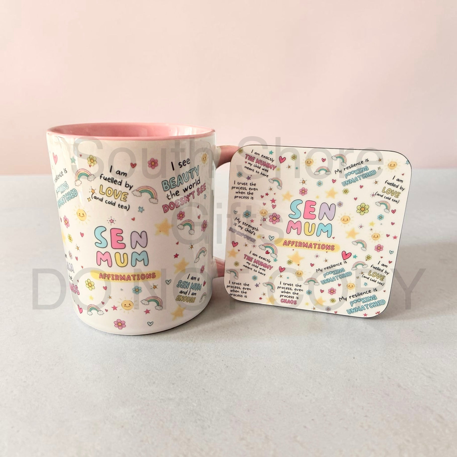 SEN Mum Affirmations Mug & Coaster Gift Set | 11oz Ceramic Mug with Pink Handle | Special Needs Mum Gift