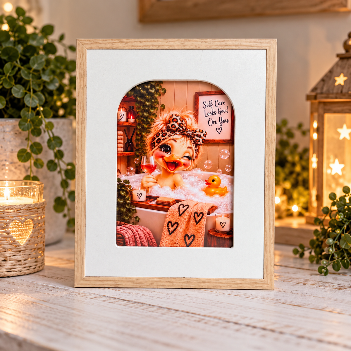 Funny bathroom framed prints with Highland Cow and duck designs in natural wood frames