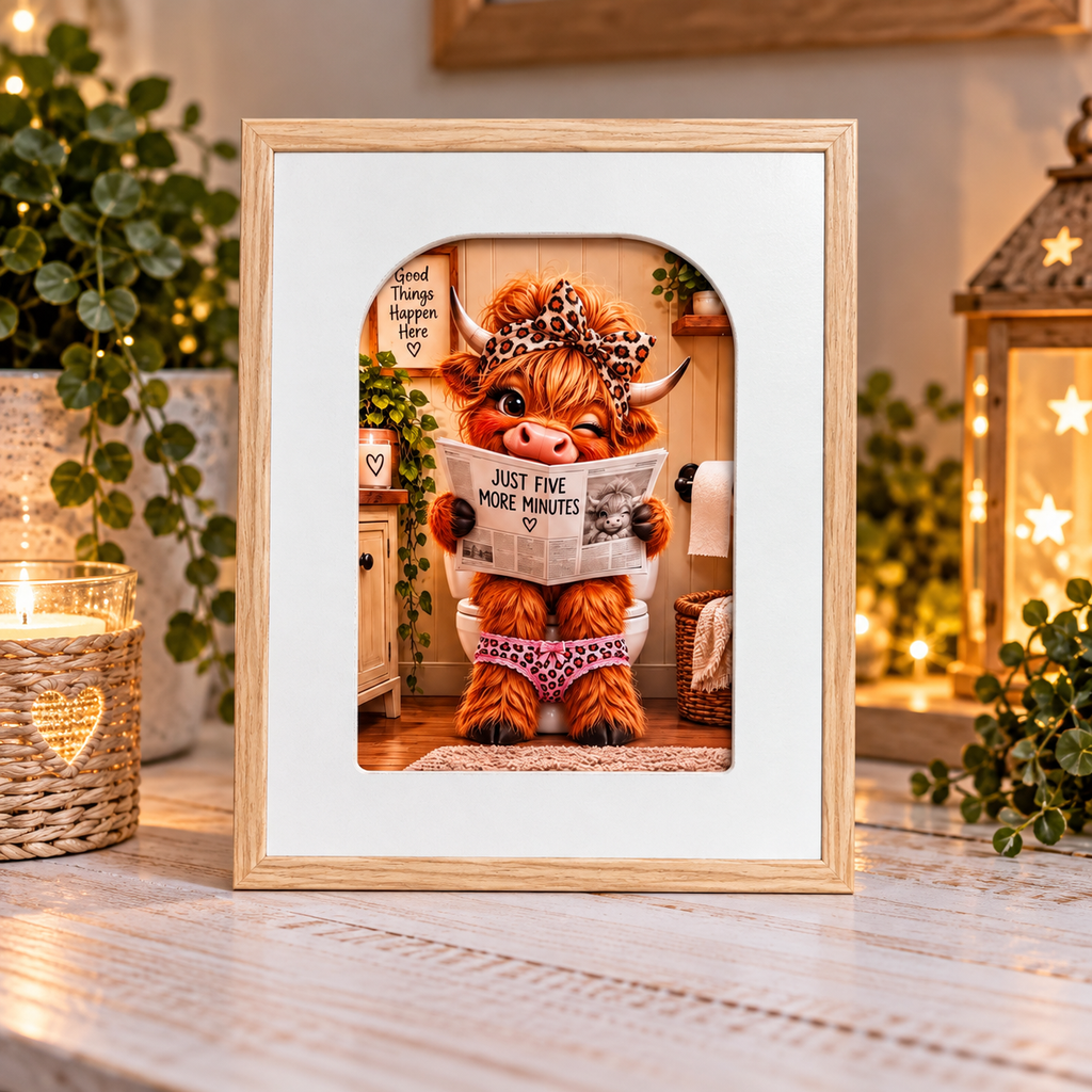 Funny Highland Cow toilet bathroom framed print Just Five More Minutes