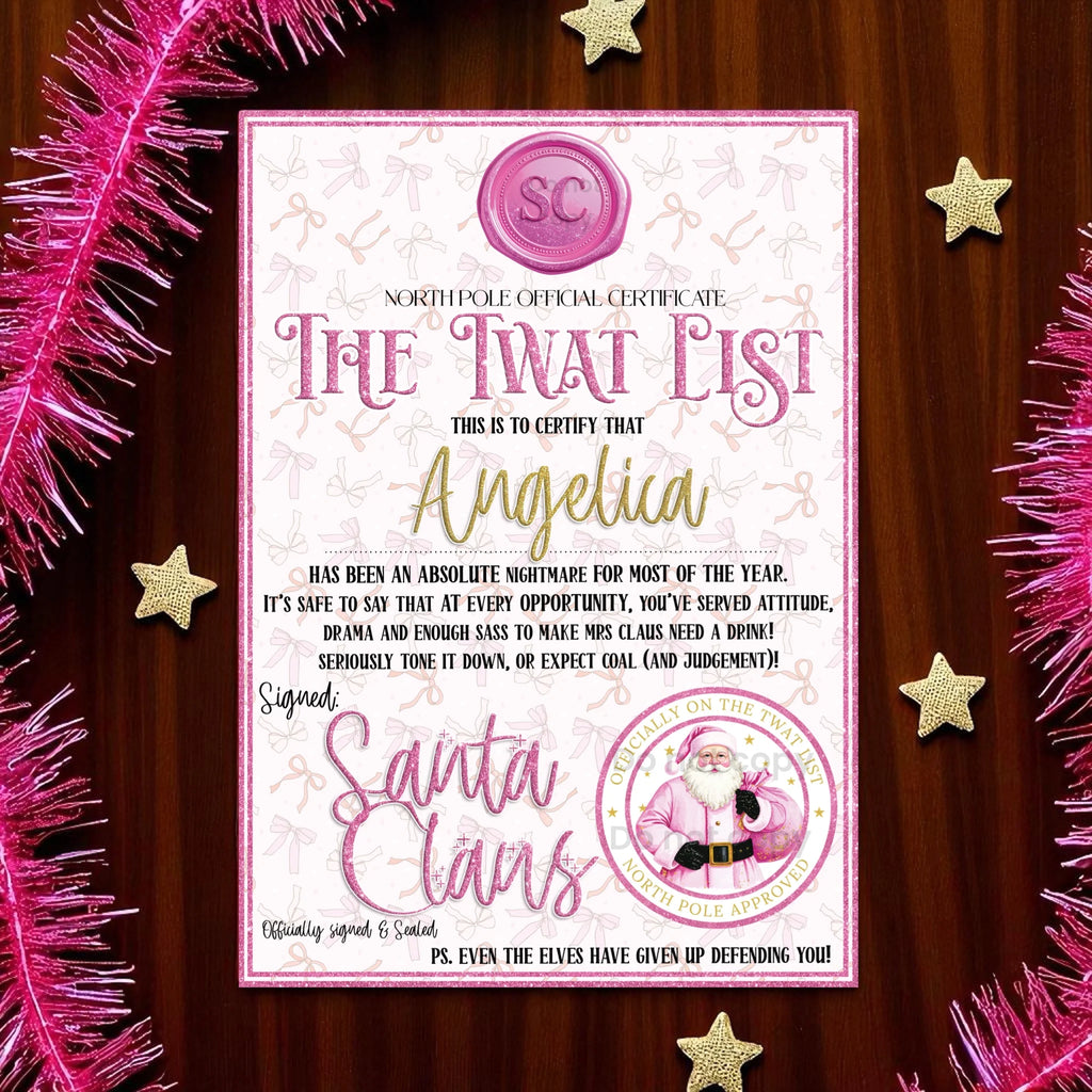 Personalised Pink Tw@t List Certificate & Matching Envelope