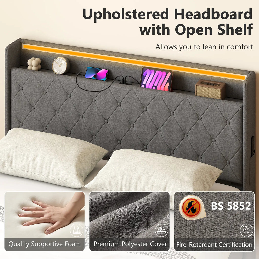 5ft King Bed Frame with Headboard, Platform Bed Frame with Hydraulic Storage, LED Lights and Charging Station, Grey