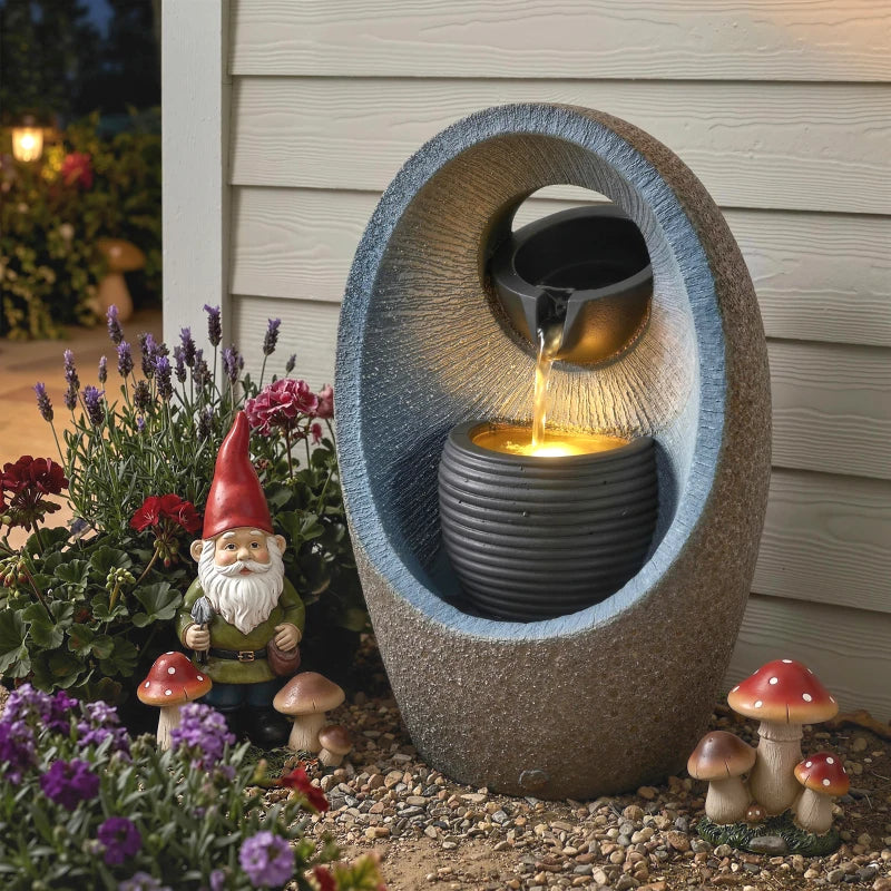 SMALL Water Feature with 2-Tier Bowls, Garden Water Fountain with Pump and LED Lights, Resin Cascading Waterfall