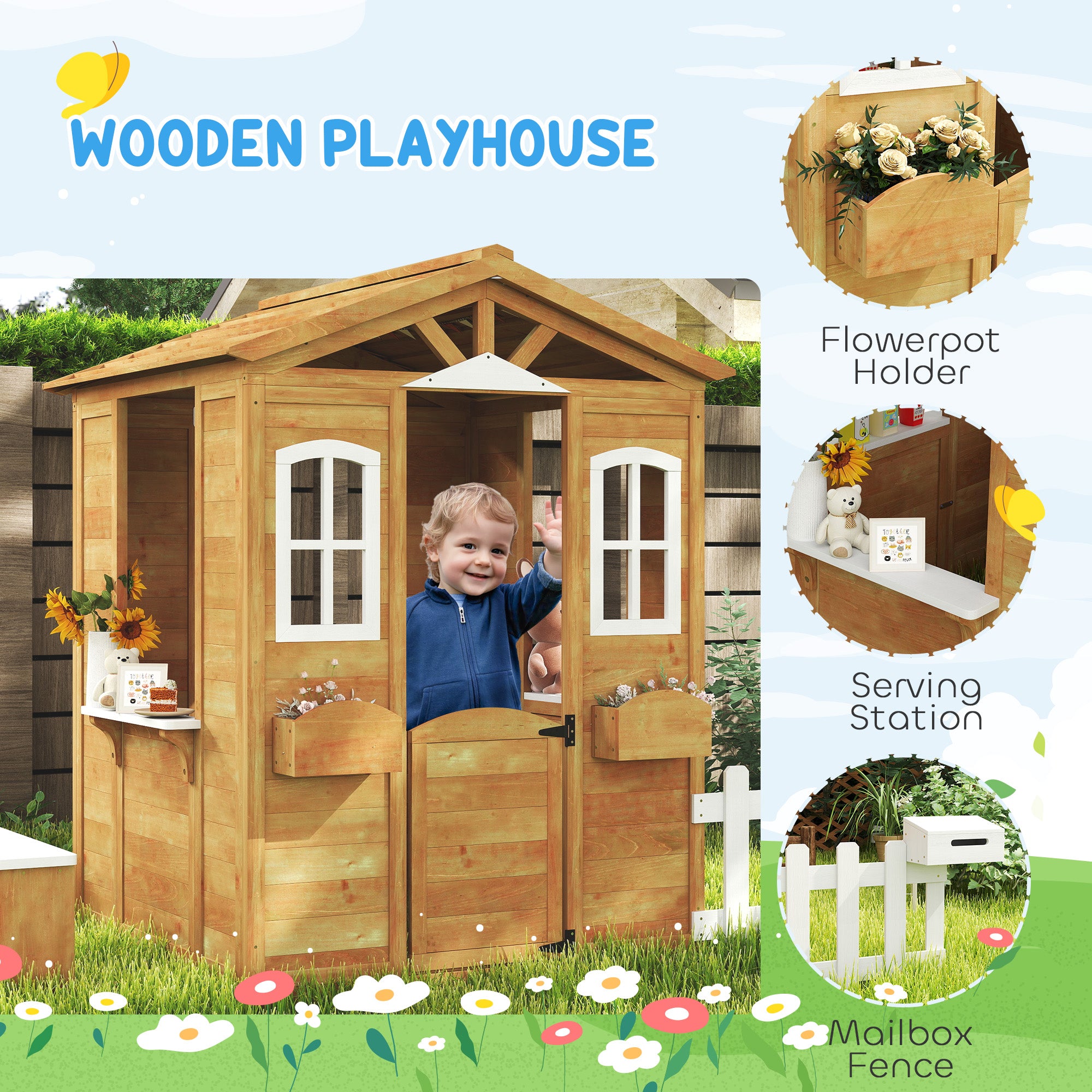 Wooden Playhouse for Kids with Door, Windows, Mailbox, Flower Pot Holder, Serving Station, Bench for Children