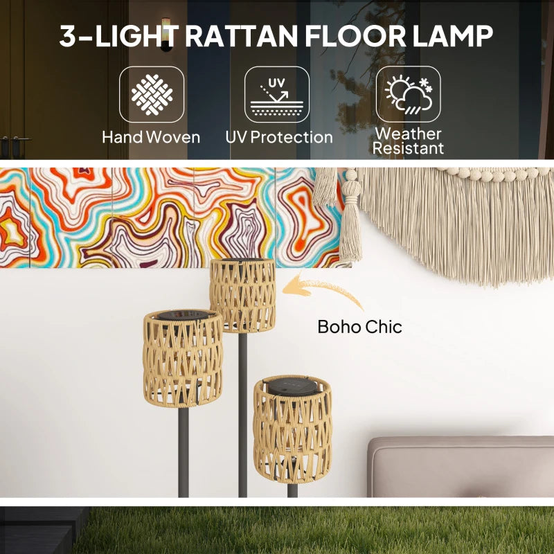 Boho Rattan Floor Lamp, 3-Lights Rattan Lamp with Shelf, Freestanding Solar Garden Light with Auto On/Off Lights