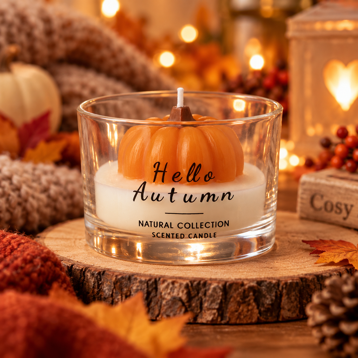 Hello Autumn pumpkin scented candle in clear glass holder with orange pumpkin design
