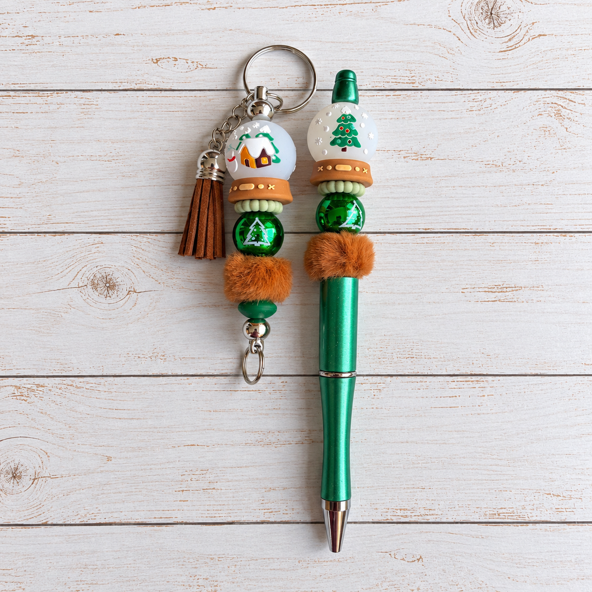 Snow Globe Novelty Beaded Pen and Keyring Set