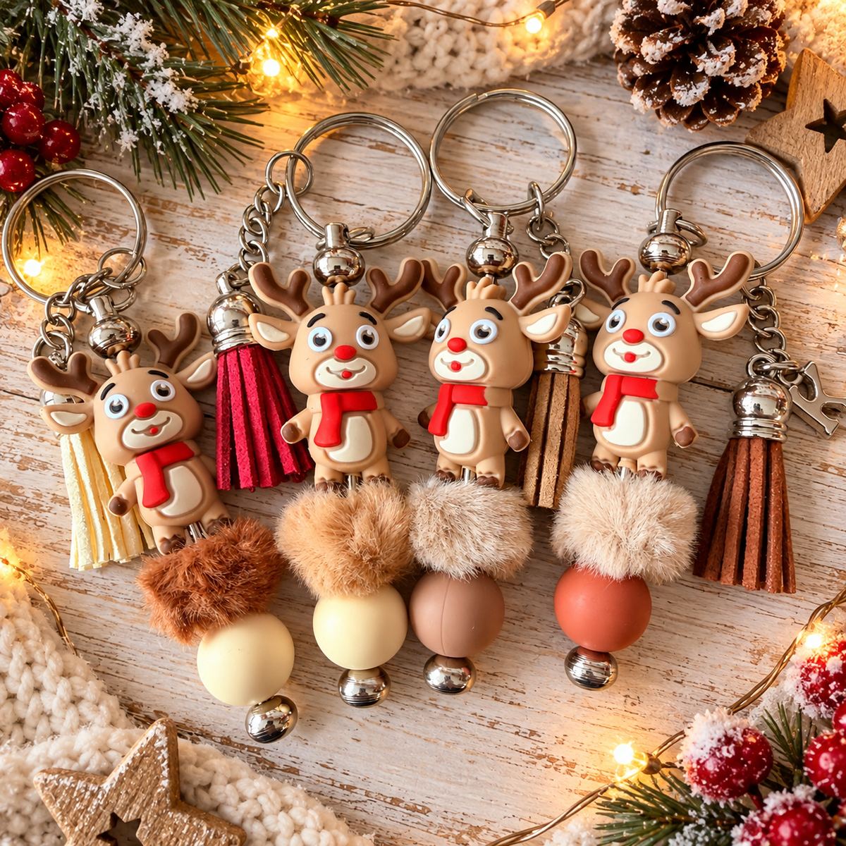 Initial Reindeer Novelty Beaded Keyring