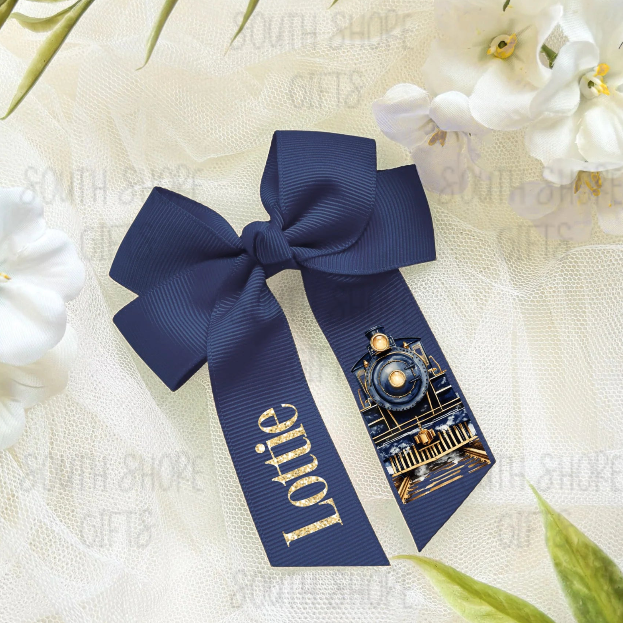 Hair Bow - Navy & Gold Train - Personalised