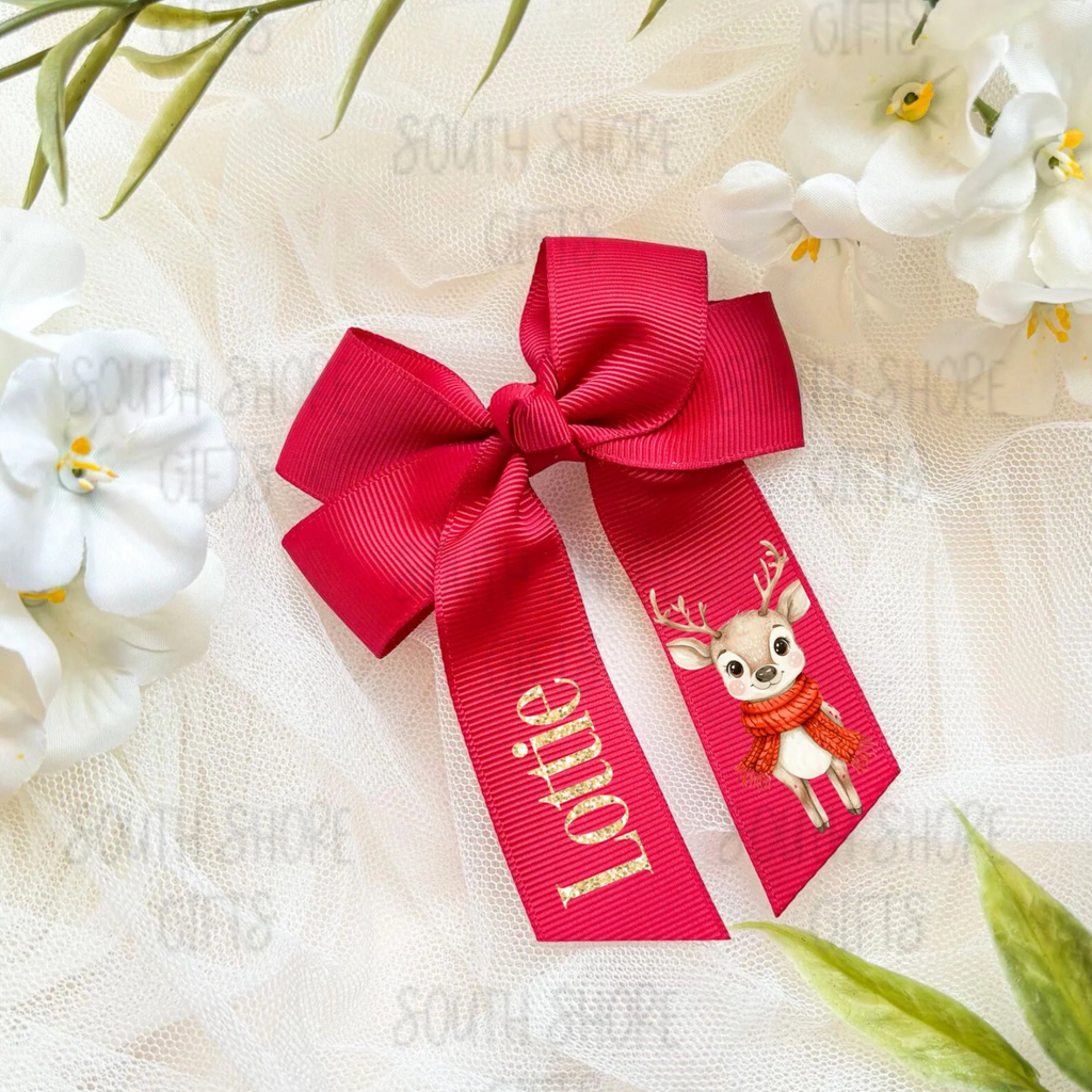 Hair Bow - Red - Personalised - 4 Christmas Design Options To Choose From