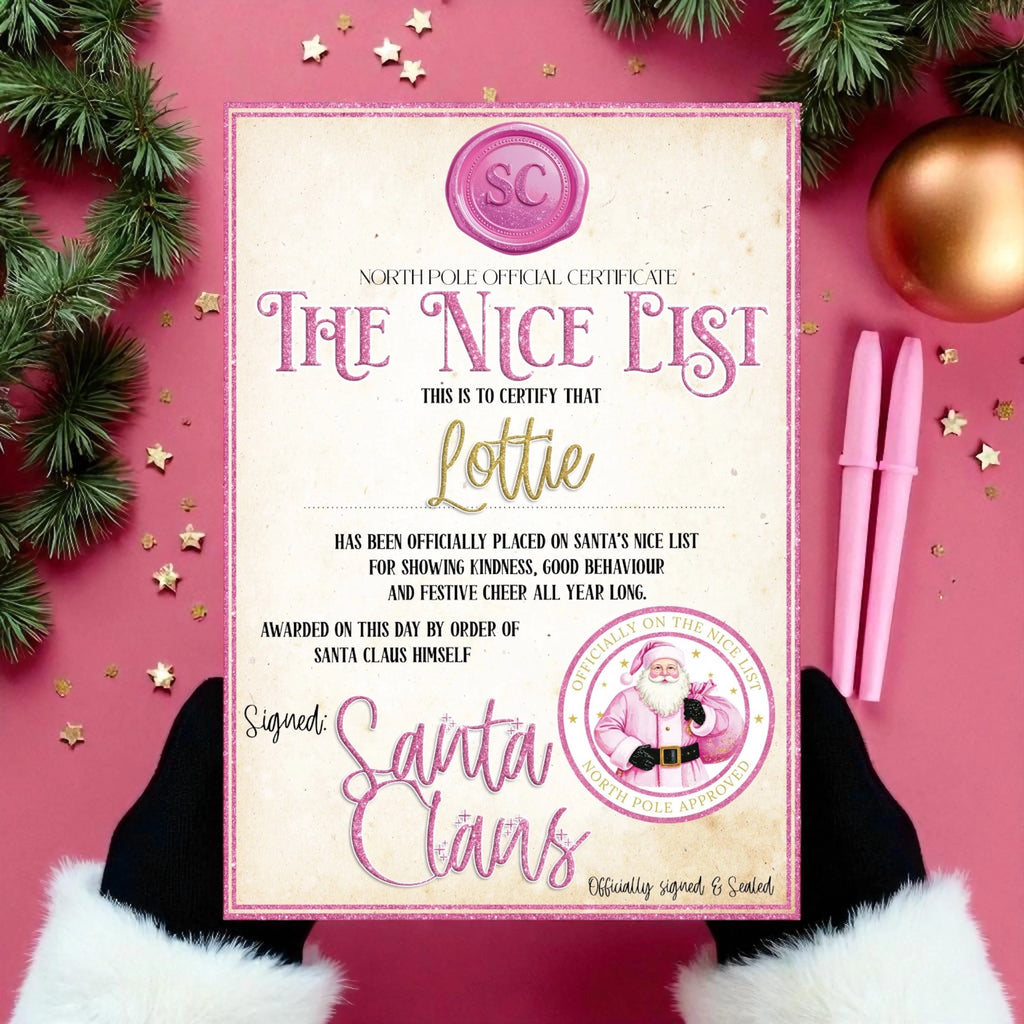 ✨ Personalised Santa’s Nice List Certificate & Matching Envelope – Pink Edition ✨