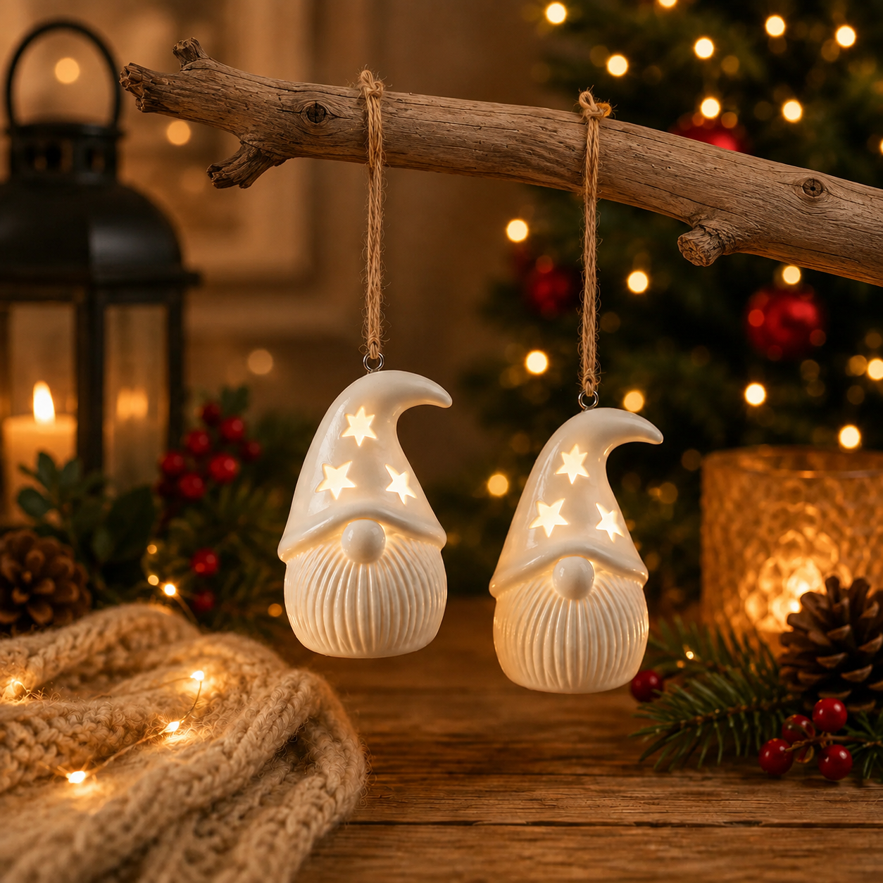Pair of Hanging Light Up Porcelain Gonks – 8cm LED Christmas Decorations