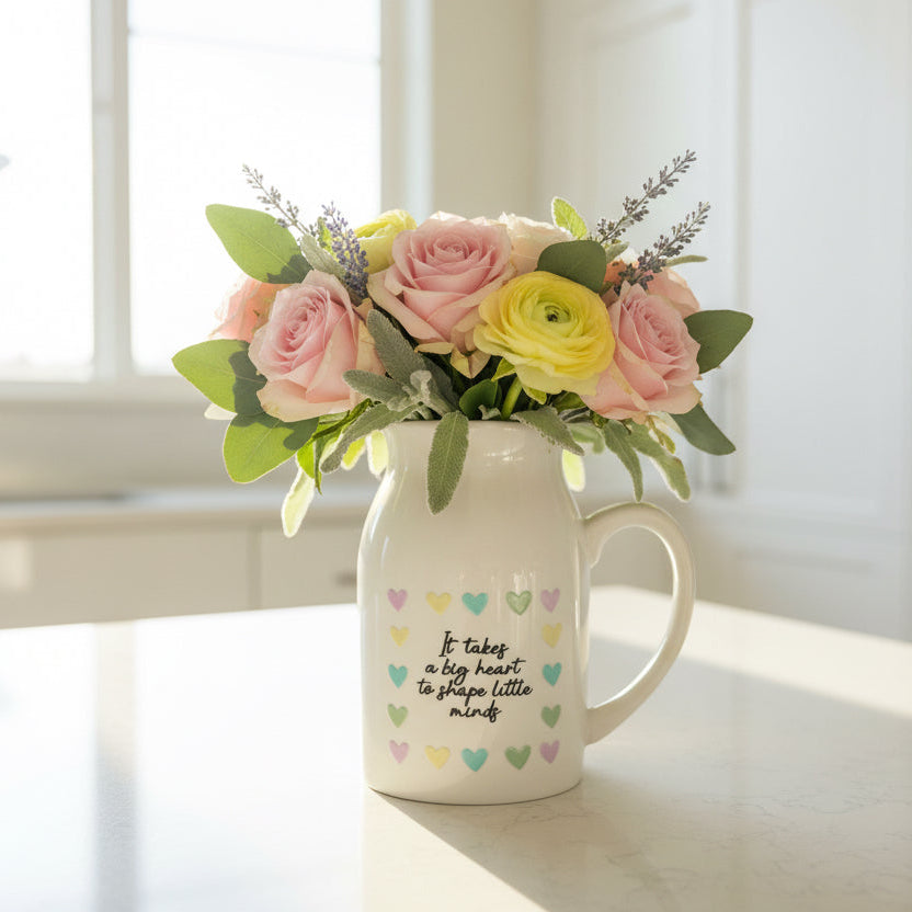 White jug with colourful heart pattern and text on a reflective surface