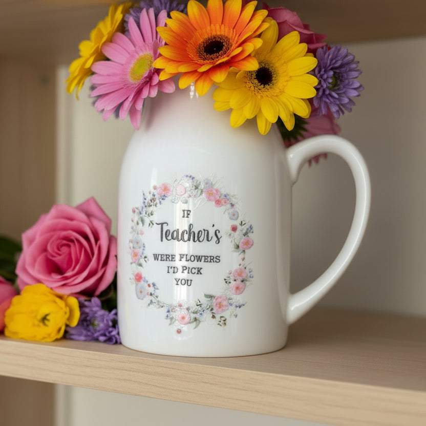 White jug with floral design and text on a shelf