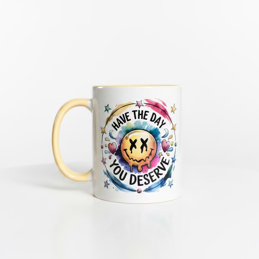 Mug with smiley face and motivational quote on a cardboard surface