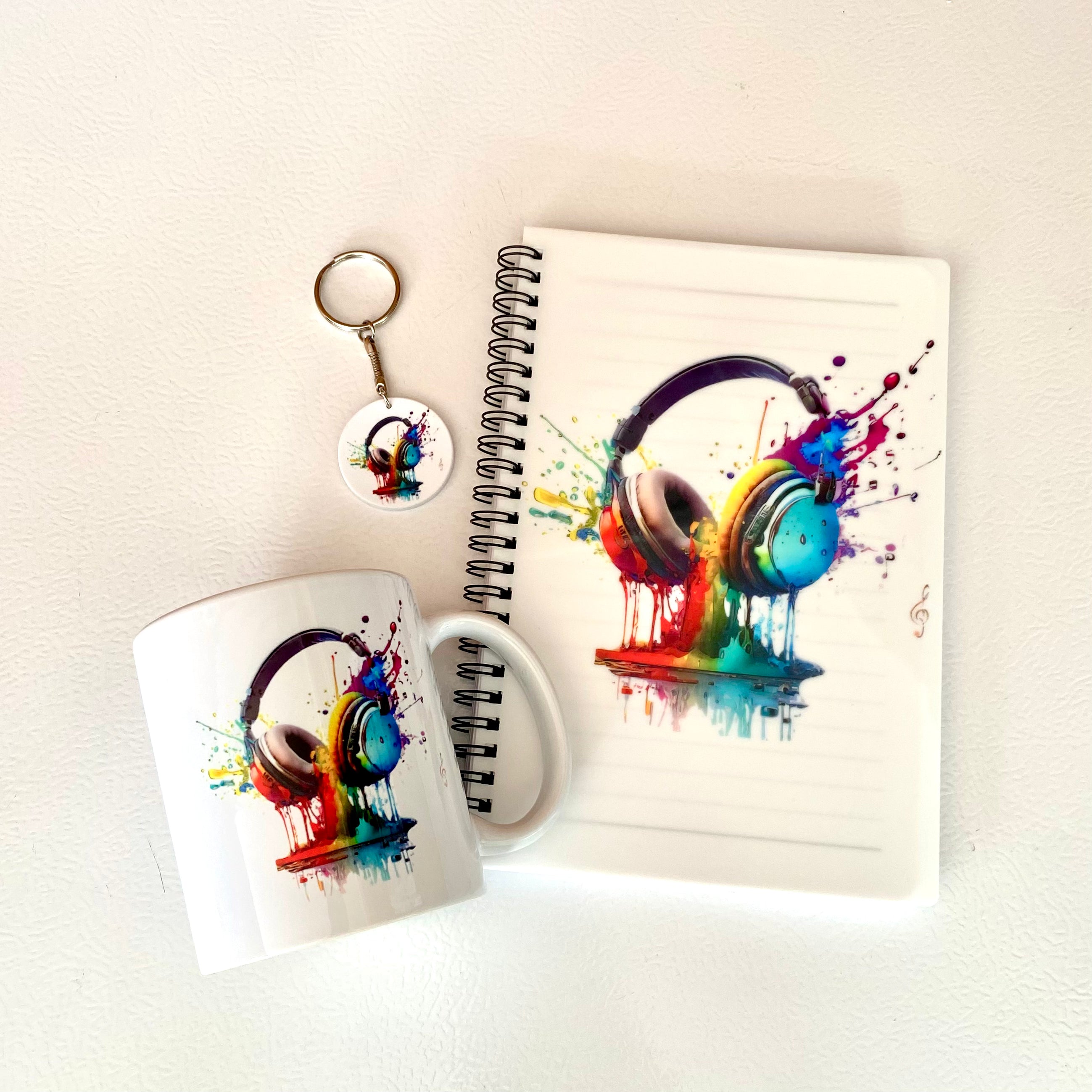 Headphone Art Gift Mug and Notebook with FREE Keyring