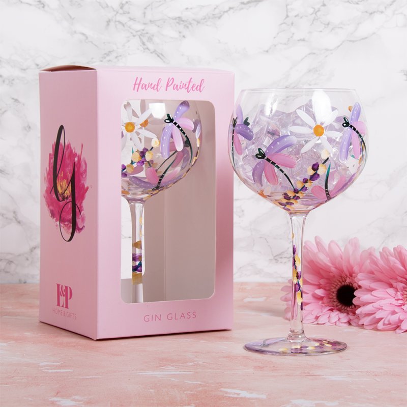Dragonflies & Daises Hand Painted Gin Glass