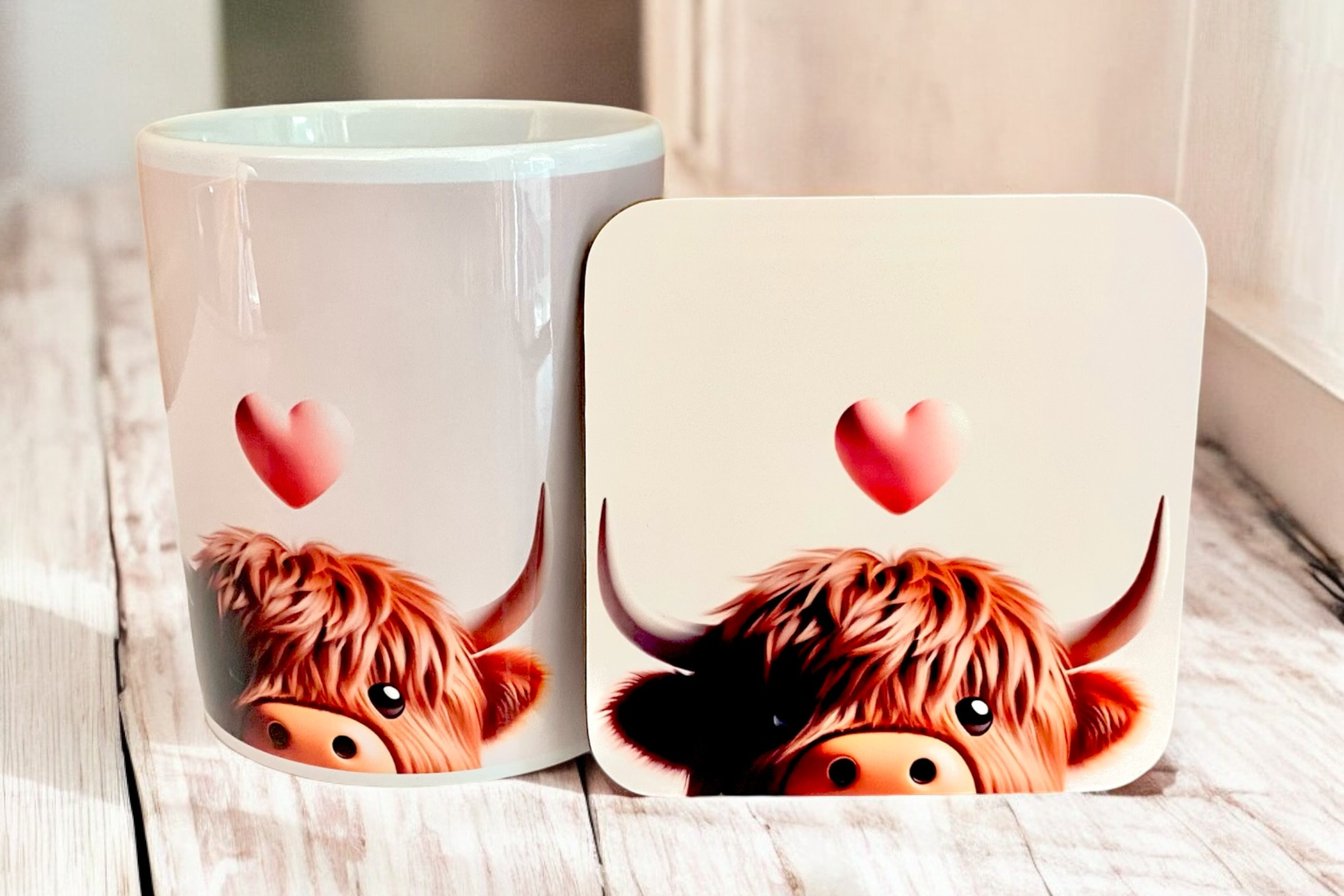 Peek a Boo Highland Cow Mug & Coaster Set