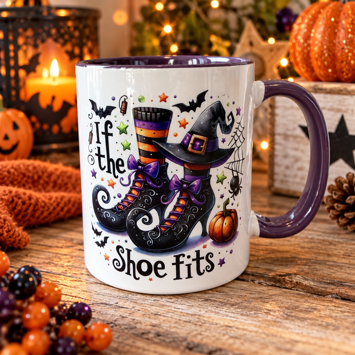 If The Shoe Fits Halloween witch mug with purple handle and witch boots design, printed by South Shore Gifts