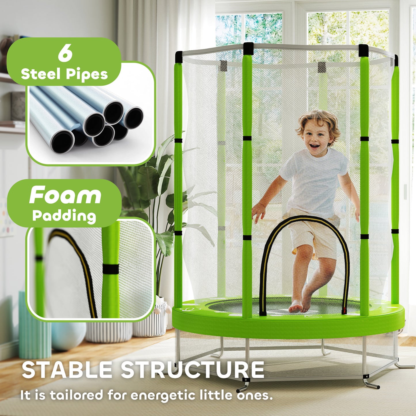 4.6FT Toddler Trampoline w/ Safety Enclosure Net, for Indoor Outdoor Use, Ages 3-6 Years, Cloud Pattern - Green