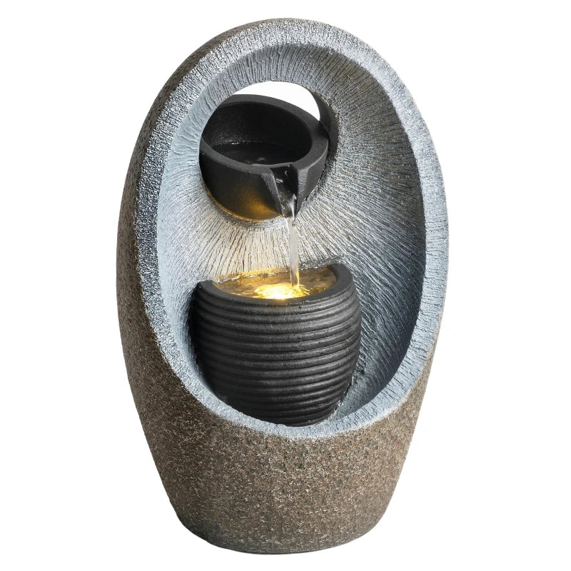SMALL Water Feature with 2-Tier Bowls, Garden Water Fountain with Pump and LED Lights, Resin Cascading Waterfall