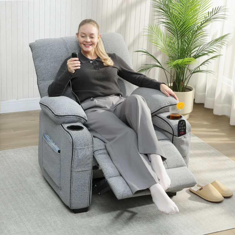 Electric Massage Recliner Armchair with Vibration, Heat, Whisper-Quiet Motor, Memory Function, Velvet Power Reclining Chair with Spring Pack, USB Port, Footrest, Side Pocket, Cup Holders, Grey