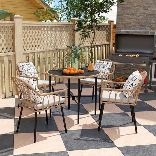 5 Piece Patio Rattan Dining Set, Wicker Garden Table and Chairs w/ Seat & Back Cushions, Round Tempered Glass Tabletop, Parasol Hole, Outdoor Furniture Conservatory Set, Light Brown
