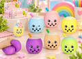 Soft 13cm Boba Bubble Tea Squishy Toys in assorted pastel colours with cute smiling faces, bubble details and colourful straws.