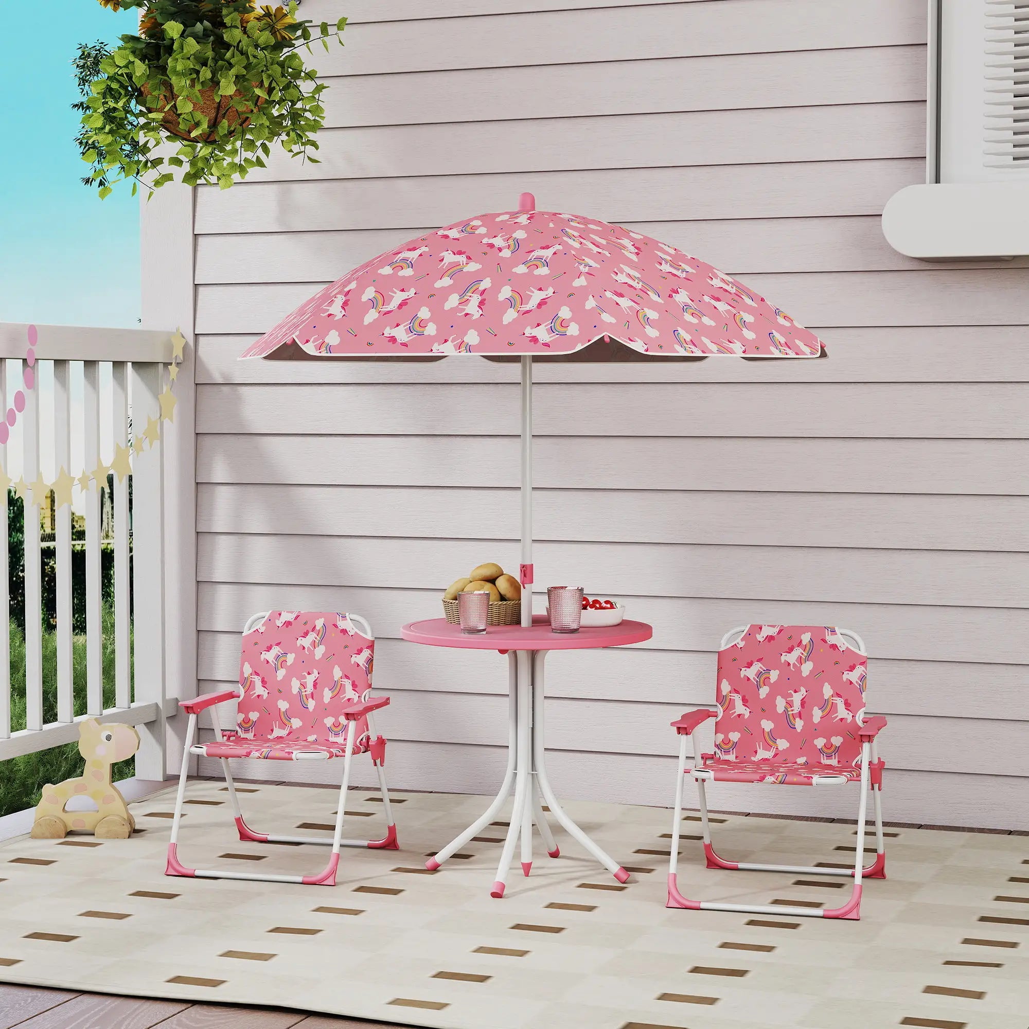 Kids Patio Table and Chair Set, Kids Garden Furniture with Umbrella - Pink