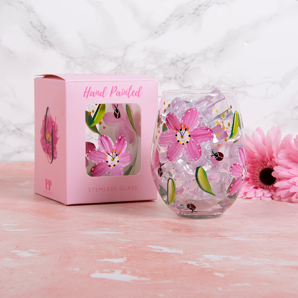 Ladybirds and Pink Poppies Stemless Glass - Hand Painted