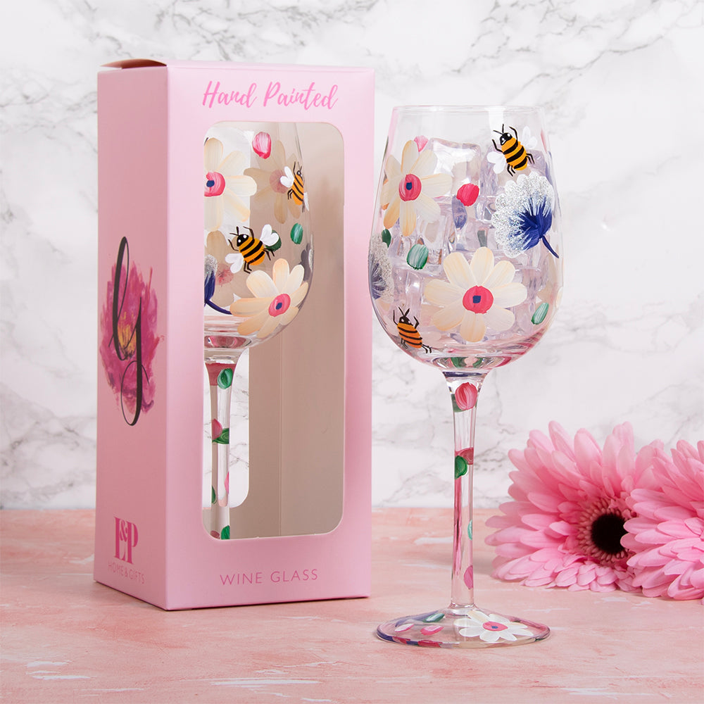 Busy Bees Wine Glass - Hand Painted