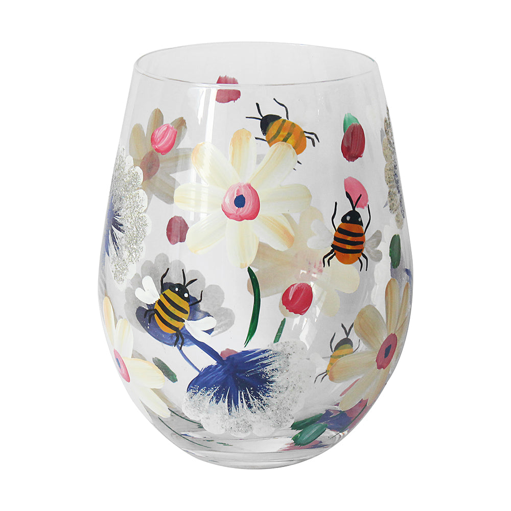 Busy Bee Stemless Glass - Hand Painted