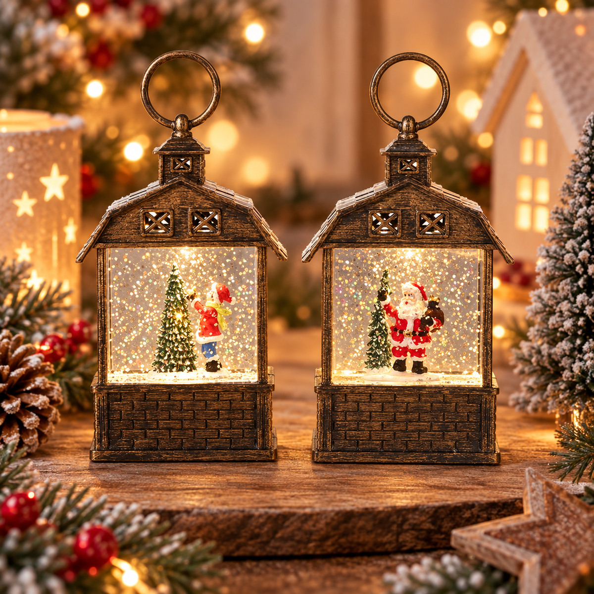LED Christmas snow scene lantern decorations with Santa and Christmas tree designs