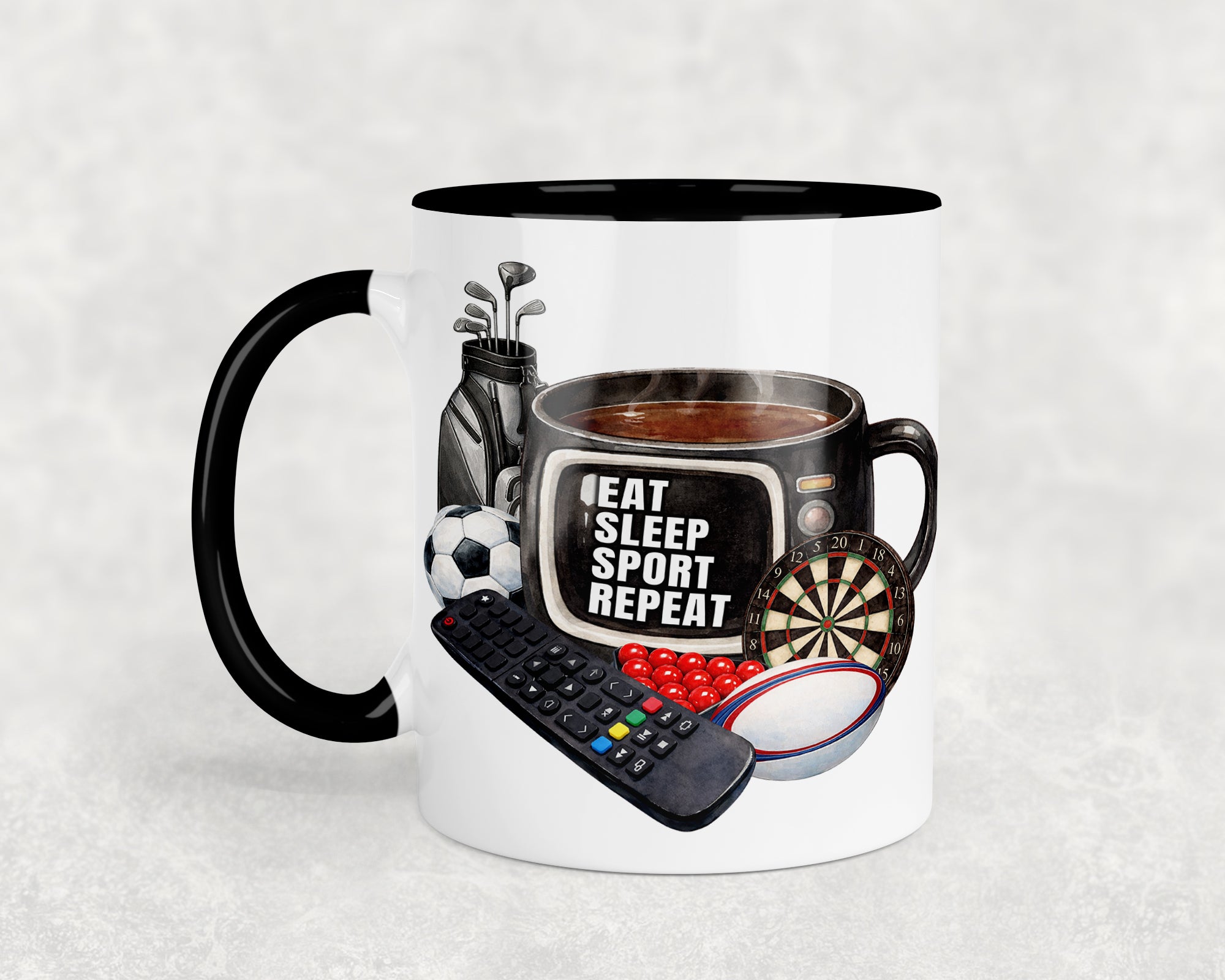 Eat Sleep Sport Repeat Mug – Funny Sports Lover Coffee Mug – 11oz Ceramic Cup – Gift for Sports Fans, Golf, Football, Darts & TV Lovers
