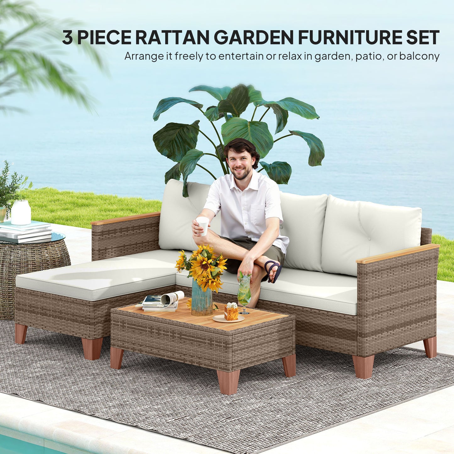 3 Pieces Rattan Garden Furniture Set, L Shaped Chaise with Wood Top Coffee Table and Thick Cushions