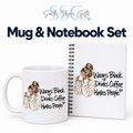 Wears Black, Drinks Coffee, Hates People matching 11oz ceramic mug and A5 lined notebook set, designed and printed in-house by South Shore Gifts.