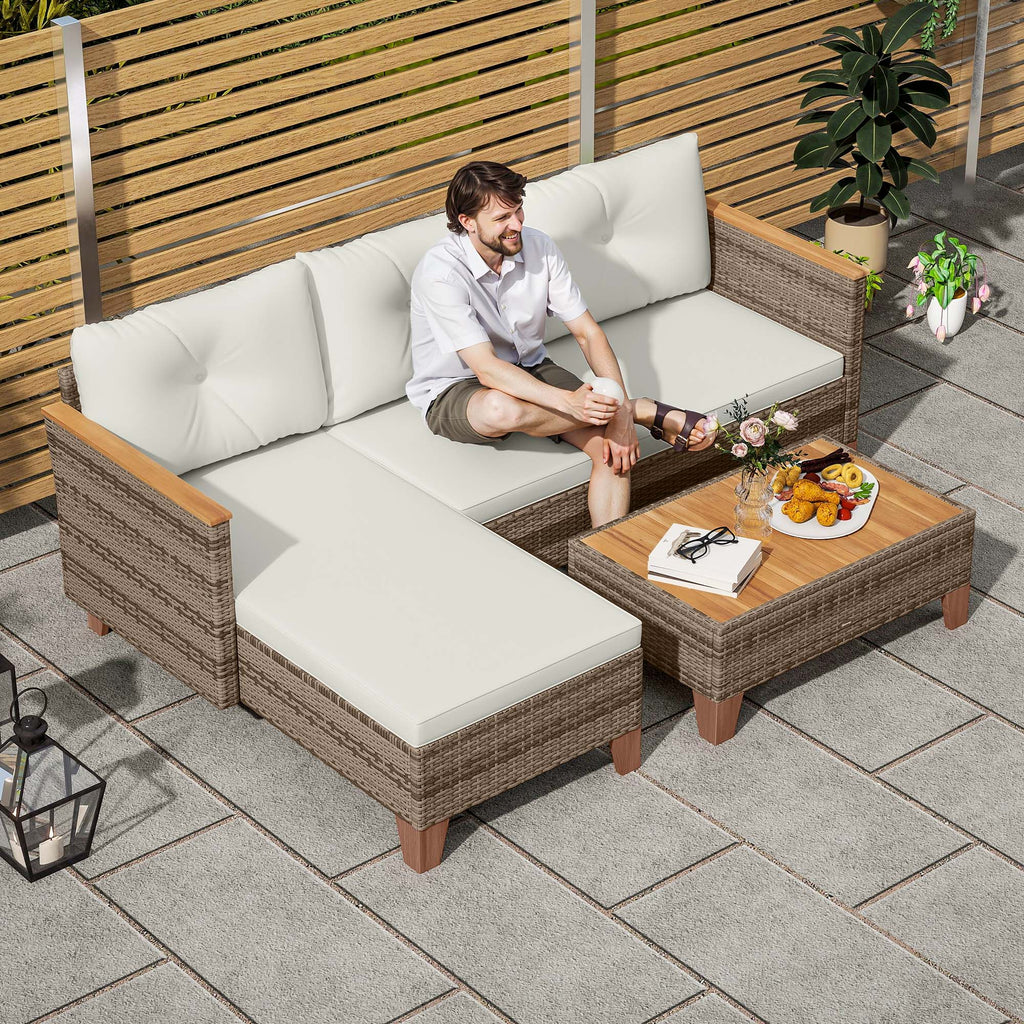 3 Pieces Rattan Garden Furniture Set, L Shaped Chaise with Wood Top Coffee Table and Thick Cushions