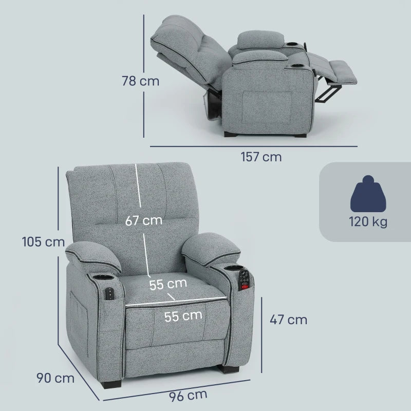 Electric Massage Recliner Armchair with Vibration, Heat, Whisper-Quiet Motor, Memory Function, Velvet Power Reclining Chair with Spring Pack, USB Port, Footrest, Side Pocket, Cup Holders, Grey