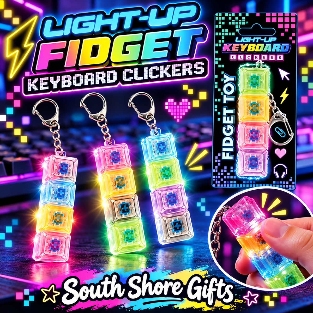 Colourful Light Up Fidget Keyboard Clickers with four transparent clickable keys, LED lights and keyring attachments, available at South Shore Gifts.