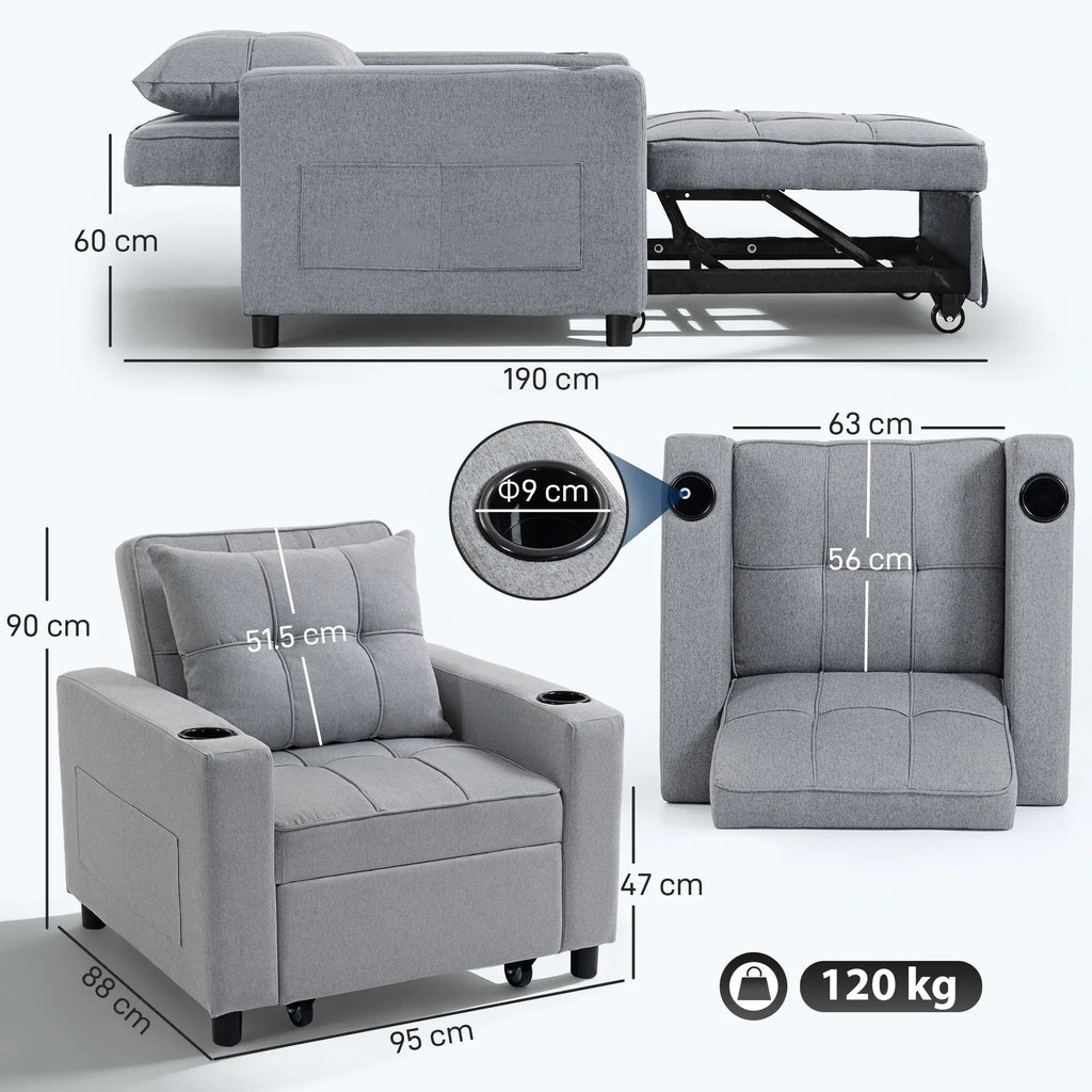 3-in-1 Single Sofa Bed, Convertible Sleeper Chair Bed - Light Grey