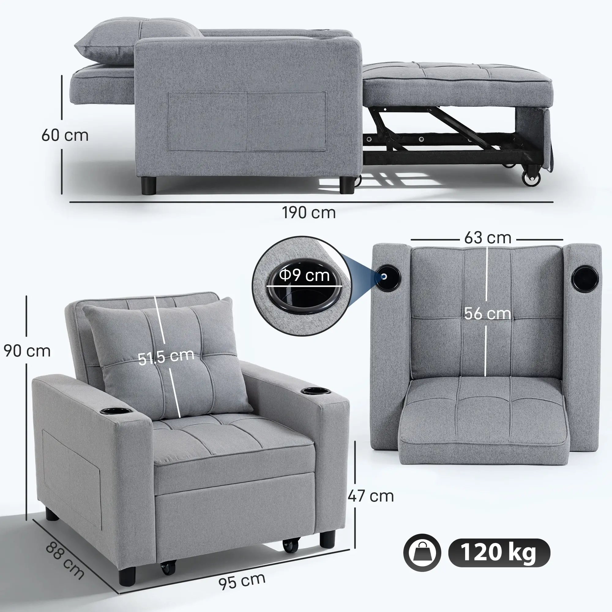 3-in-1 Single Sofa Bed, Convertible Sleeper Chair Bed - Light Grey