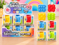 Oh So Sensory Pop Cube fidget toys in blue, red, yellow and green, featuring raised silicone pop buttons and colourful packaging.