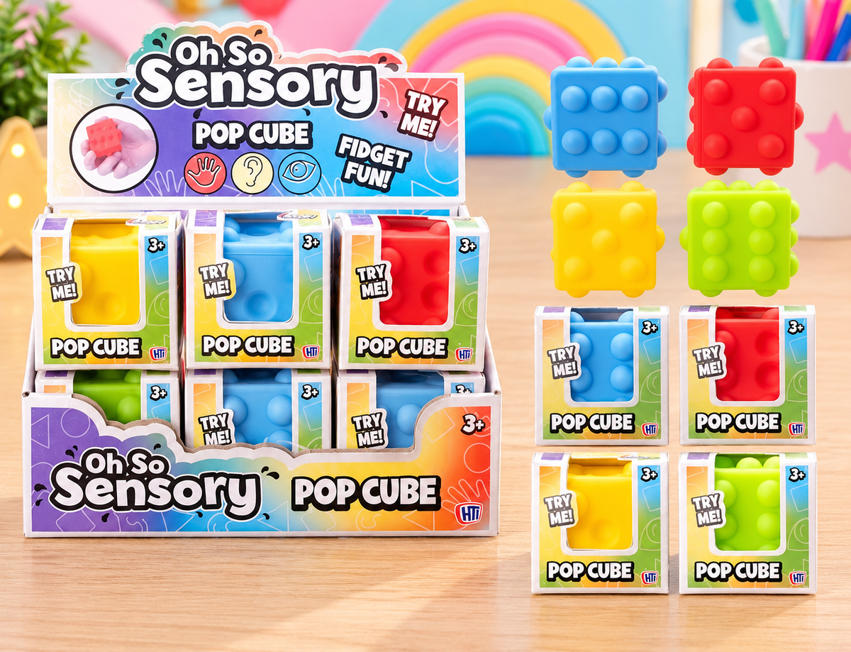 Oh So Sensory Pop Cube fidget toys in blue, red, yellow and green, featuring raised silicone pop buttons and colourful packaging.